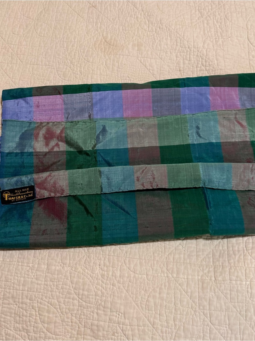 Thai Silk Co 100% Silk Plaid Scarf with Green and Teal Blocks